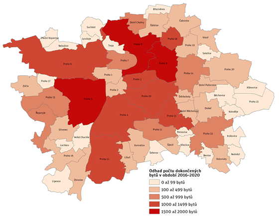 Schéma 2. Územní distribuce bytové výstavby v městských částech Prahy v období 2016–2020 na základě odhadu IPR Praha Schéma 2. Územní distribuce bytové výstavby v městských částech Prahy v období 2016–2020 na základě odhadu IPR Praha