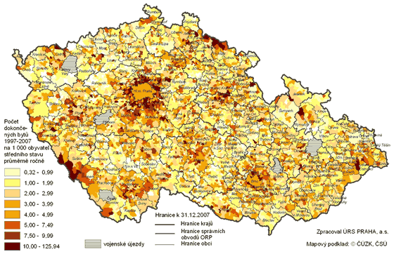 Intenzita bytové výstavby 1997--2007
podle obcí ve správních obvodech ORP