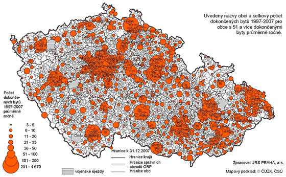 Rozmístění nové bytové výstavby
1997--2007 podle obcí