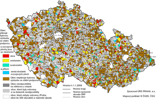 Kartogram 3: Limity plánované bytové výstavby se státní podporou -- vlastnická struktura rozvojových ploch pro bytovou výstavbu (větší obraz 348 kB)