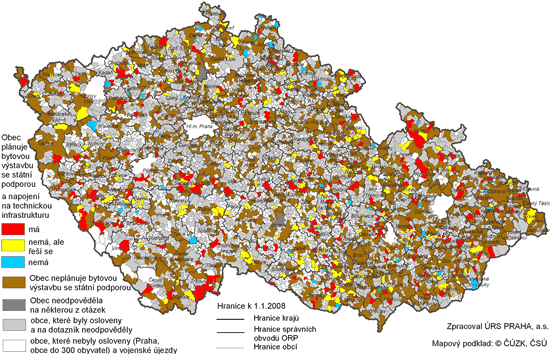 Kartogram 4: Limity plánované bytové výstavby se státní podporou -- napojení obce na technickou infrastrukturu v souvislosti s bytovou výstavbou (větší obraz 361 kB)