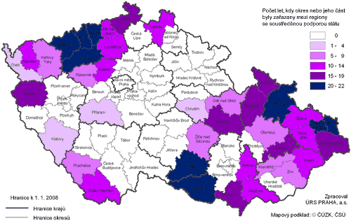 Kartogram: Regiony se soustředěnou podporou státu v letech 1992--2013