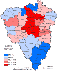 Vývoj počtu obyvatel v letech 2009–2030 dle SO POÚ Plzeňského kraje v % výchozího stavu