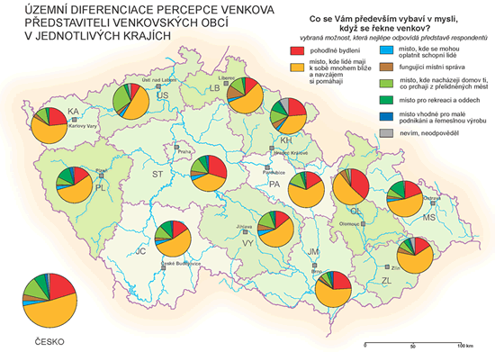 Kartogram: Územní diferenciace odpovědi na otázku "Co se vám především vybaví v mysli, když se řekne venkov?" (podle krajů ČR)