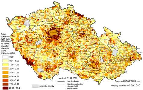 Intenzita bytové výstavby 1997–2009 podle obcí ve správních obvodech ORP