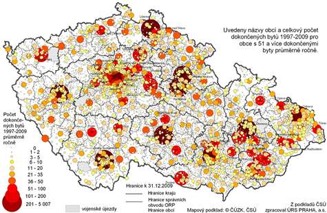 Rozmístění nové bytové výstavby 1997–2009 podle obcí