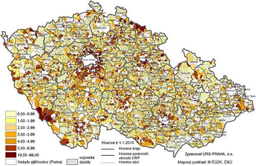 Intenzita bytové výstavby v letech 1997–2009 v obcích do 2000 obyvatel