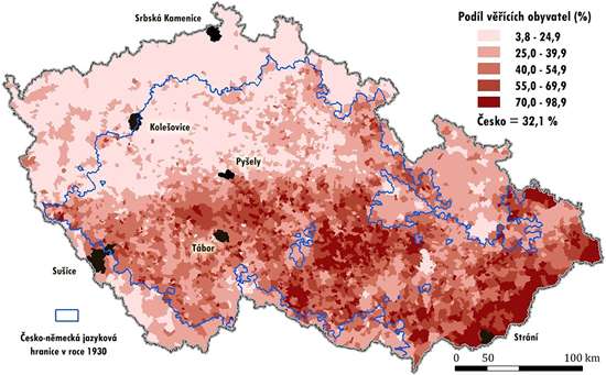 Obr. 1. Religiozita v obcích Česka (2001) a vymezení modelových území, ČSÚ 2008