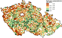 Podíl obyvatelstva ve věku 65+ ve venkovských obcích v roce 2011