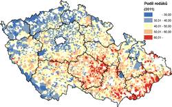 Podíl rodáků ve venkovských obcích v roce 2011