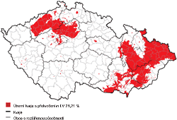 Mapa oblastí ČR s překročenými imisními limity pro ochranu zdraví, 2012