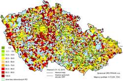 Kartogram 1. Podíl bytů nepřipojených na plynovodní síť zemního plynu v rámci distribuční soustavy ČR z celkového počtu dokončených bytů v RD 2010 podle obcí