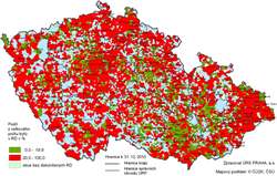 Kartogram 3. Podíl bytů nepřipojených na plynovodní síť zemního plynu v rámci distribuční soustavy ČR z celkového počtu dokončených bytů v RD 2010 podle obcí