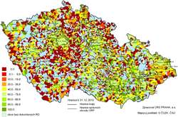 Kartogram 4. Podíl bytů v RD vytápěných zemním plynem (hlavní způsob vytápění) z celkového počtu dokončených bytů v RD 2010 podle obcí
