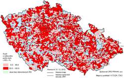 Kartogram 5. Podíl bytů v RD zařazených z hlediska energetické účinnosti do kategorie C z celkového počtu dokončených bytů v RD 2010 podle obcí