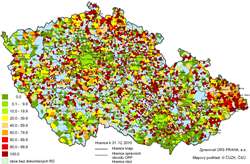 Kartogram 7. Podíl bytů v RD nepřipojených na kanalizační síť z celkového počtu dokončených bytů v RD 2010 podle obcí