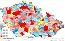 Poměr průměrné podlahové plochy bytů v rodinných domech (energetická třída A/byty celkem) dokončených v letech 2010–2011 podle SO ORP ČR