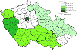 Celkové příjmy obcí, krajů a DSO v přepočtu na 1 obyvatele podle jednotlivých krajů v roce 2012 (po konsolidaci na úrovni kraje, v tis. Kč)