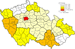 Celkové příjmy obcí v přepočtu na 1 obyvatele podle jednotlivých krajů k 31. 12. 2012 (po konsolidaci, v tis. Kč)