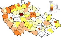 Daňové příjmy obcí v roce 2012 podle okresů v přepočtu na 1 obyvatele (v tis. Kč)