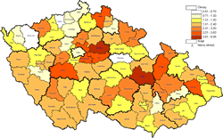 Investiční transfery přijaté obcemi v roce 2012 podle okresů v přepočtu na 1 obyvatele (v tis. Kč)