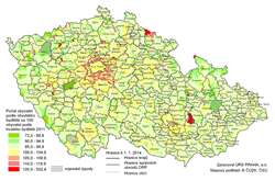 Obr. 3. Počet obyvatel podle obvyklého bydliště na 100 obyvatel podle trvalého bydliště 2011